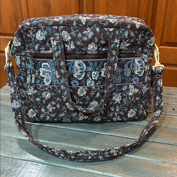 MaggiB Floral Quilted Blue & Brown Women's Tote Overnight Bag - Picture 1 of 11